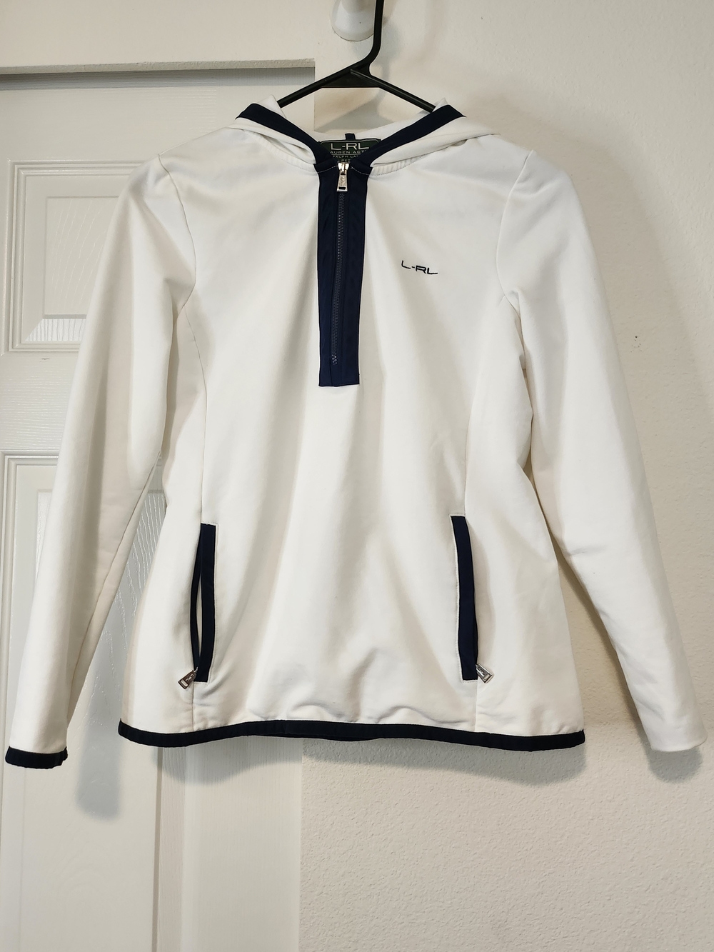 Lauren Ralph Lauren L-RL Active White Navy Blue Quarter Zip Hoodie Jacket